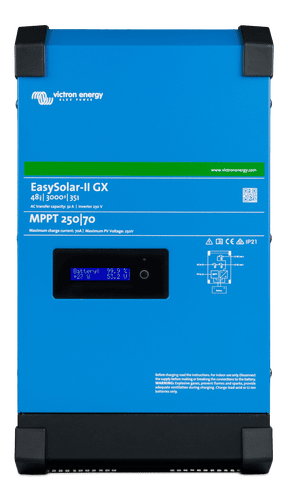 Front-on view of Victron EasySolar-II GX 48/3000 inverter charger display and system labels
