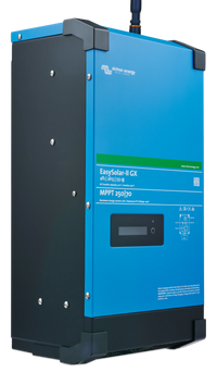 Side profile of the Victron EasySolar-II GX showing the blue metal chassis and black base