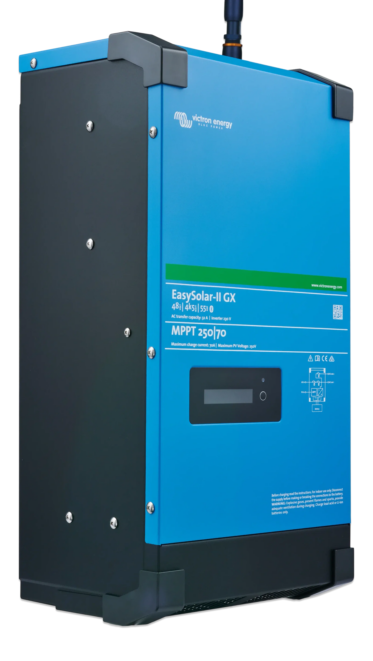 Side profile of the Victron EasySolar-II GX showing the blue metal chassis and black base