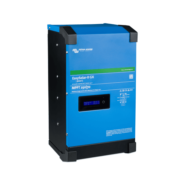 Three-quarter view of the Victron EasySolar-II GX integrated power solution in blue aluminium enclosure