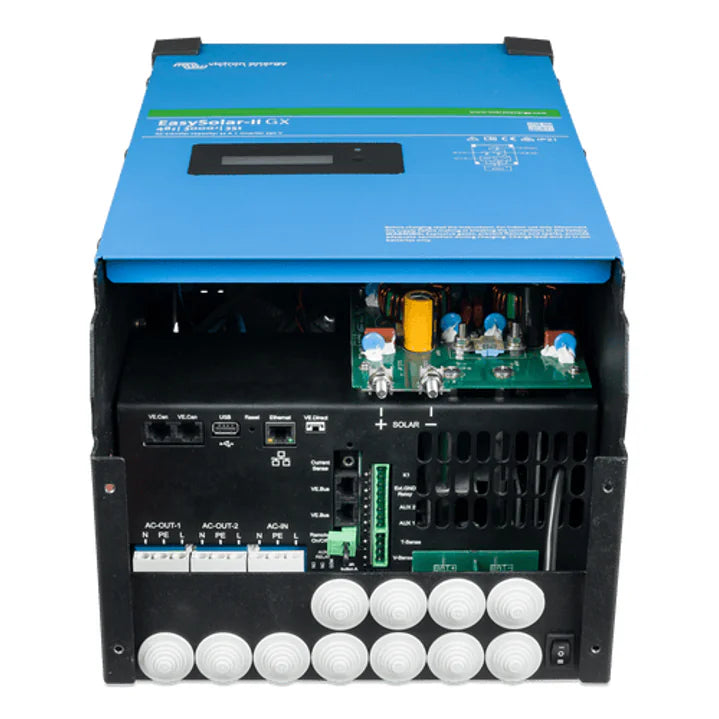 Bottom view of EasySolar-II GX with cover removed showing AC and DC terminals and internal components