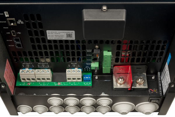 Internal view of the wiring bay in a Victron EasySolar-II GX power system