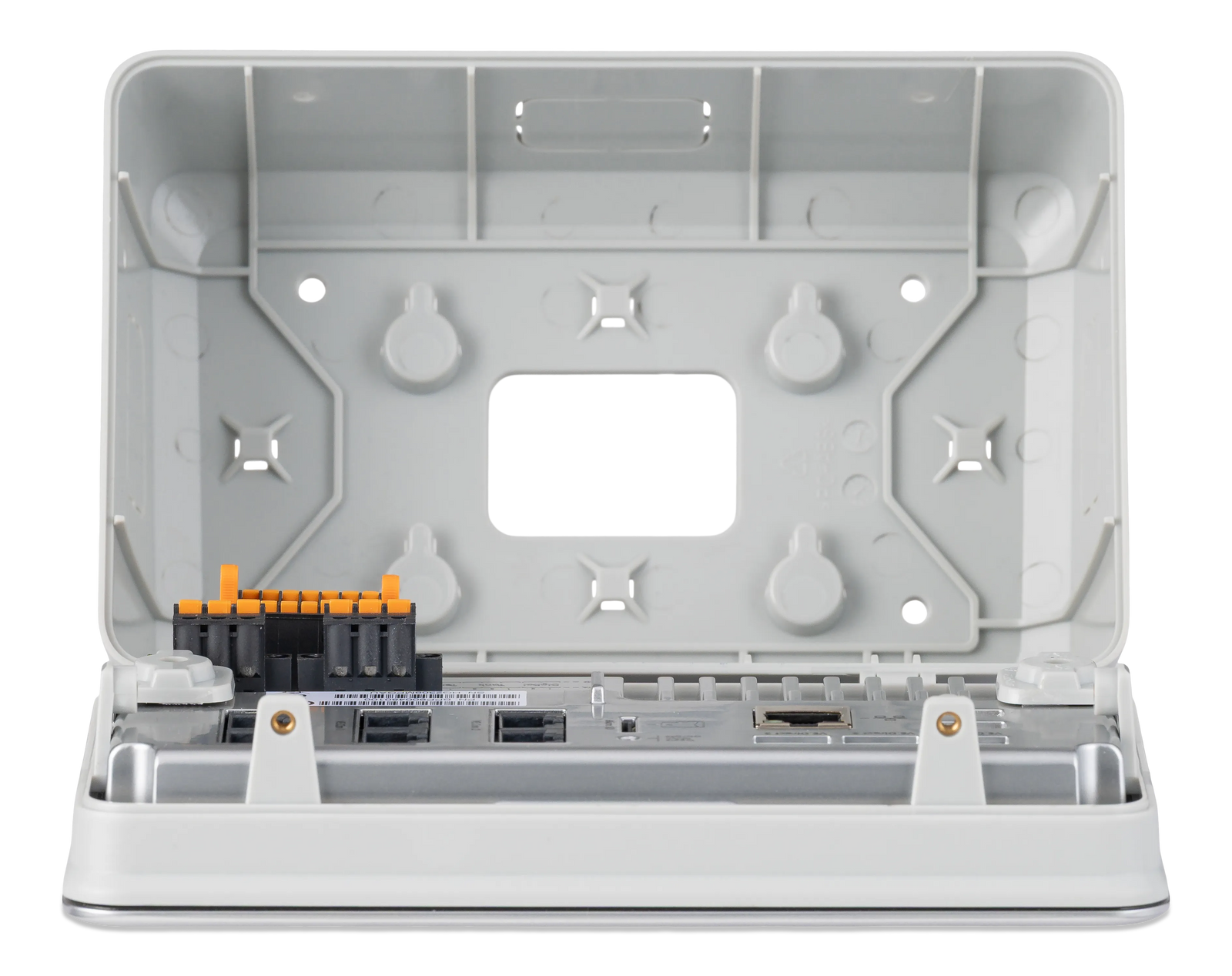 Internal view of wall mount back box showing mounting holes and cable entry