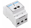 Three-phase energy meter with dual RJ45 ports and terminal block for DIN rail mounting