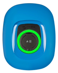 Front view of blue Victron EV charging station with a circular green LED status light ring