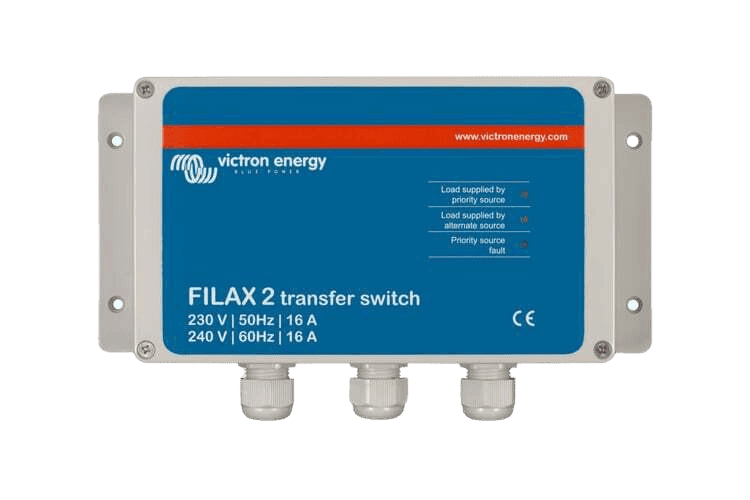 Victron Filax 2 transfer switch front panel with status indicators and cable glands