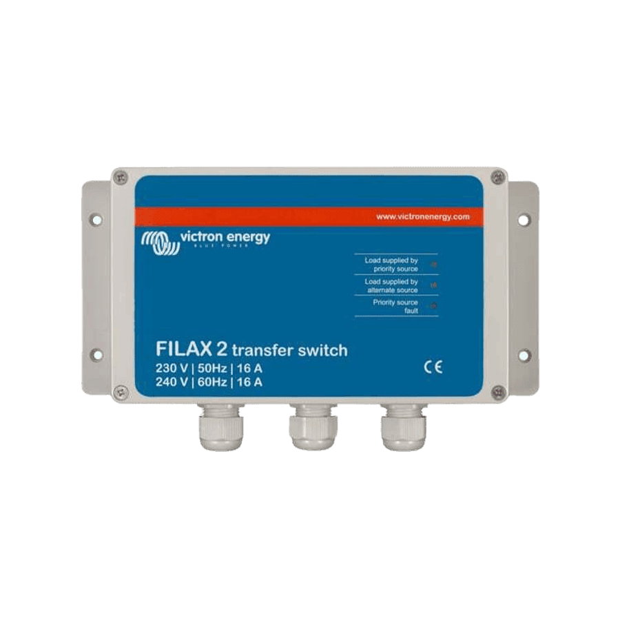 Victron Filax 2 transfer switch front panel with status indicators and cable glands