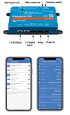 Infographic of GlobalLink 520 hardware ports and VictronConnect smartphone app status screens