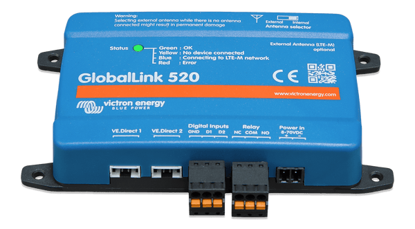 Close-up of VE.Direct, digital input and relay ports on the base of GlobalLink 520