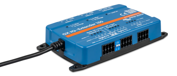 Perspective view of the blue Victron GX IO-Extender 150 showing side mounting ears