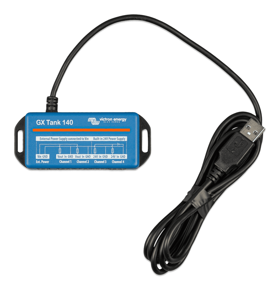 Top-down view of blue Victron GX Tank 140 adapter showing 4-channel wiring diagram and USB connection cable
