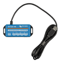 Top-down view of blue Victron GX Tank 140 adapter showing 4-channel wiring diagram and USB connection cable
