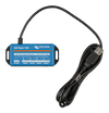 Top-down view of blue Victron GX Tank 140 adapter showing 4-channel wiring diagram and USB connection cable