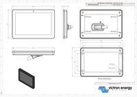 Dimensional drawing of the Victron GX Touch 50 display unit and mounting frame in millimetres