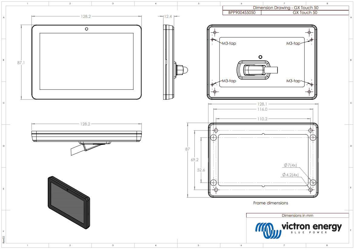 Dimensional drawing of the Victron GX Touch 50 display unit and mounting frame in millimetres