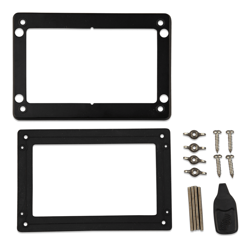 Mounting frame kit and hardware for Victron GX Touch 50 including screws, wing nuts and cable cover