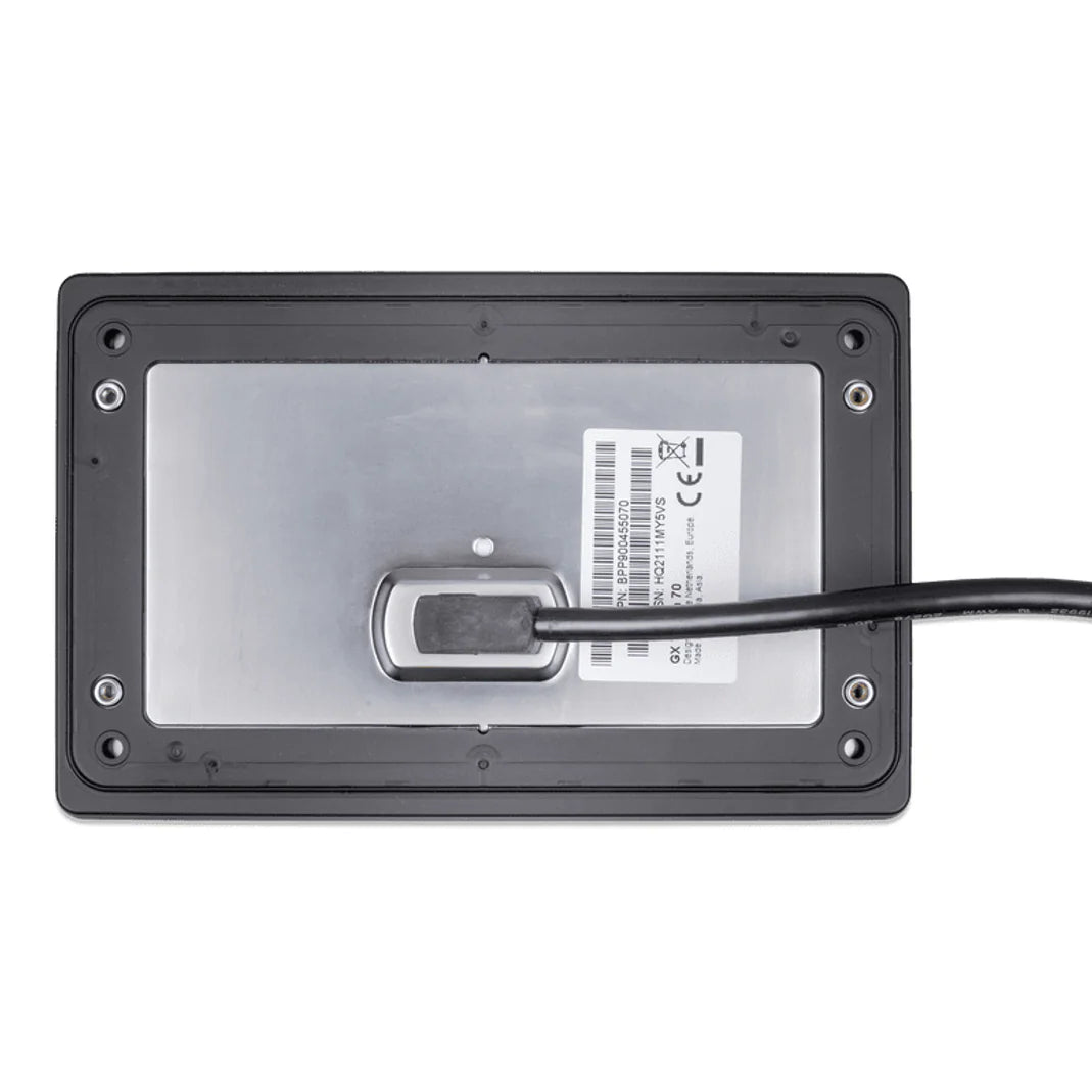 Back view of Victron GX Touch 50 display with cable exit and mounting screw holes