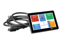 GX Touch 70 seven inch touchscreen display showing system status dashboard and USB cable