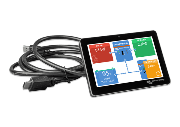 GX Touch 70 seven inch touchscreen display showing system status dashboard and USB cable