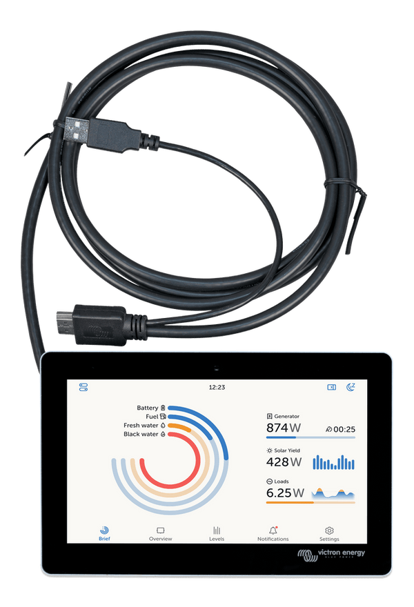 7-inch touch screen display showing power and tank monitoring interface with integrated HDMI and USB cable