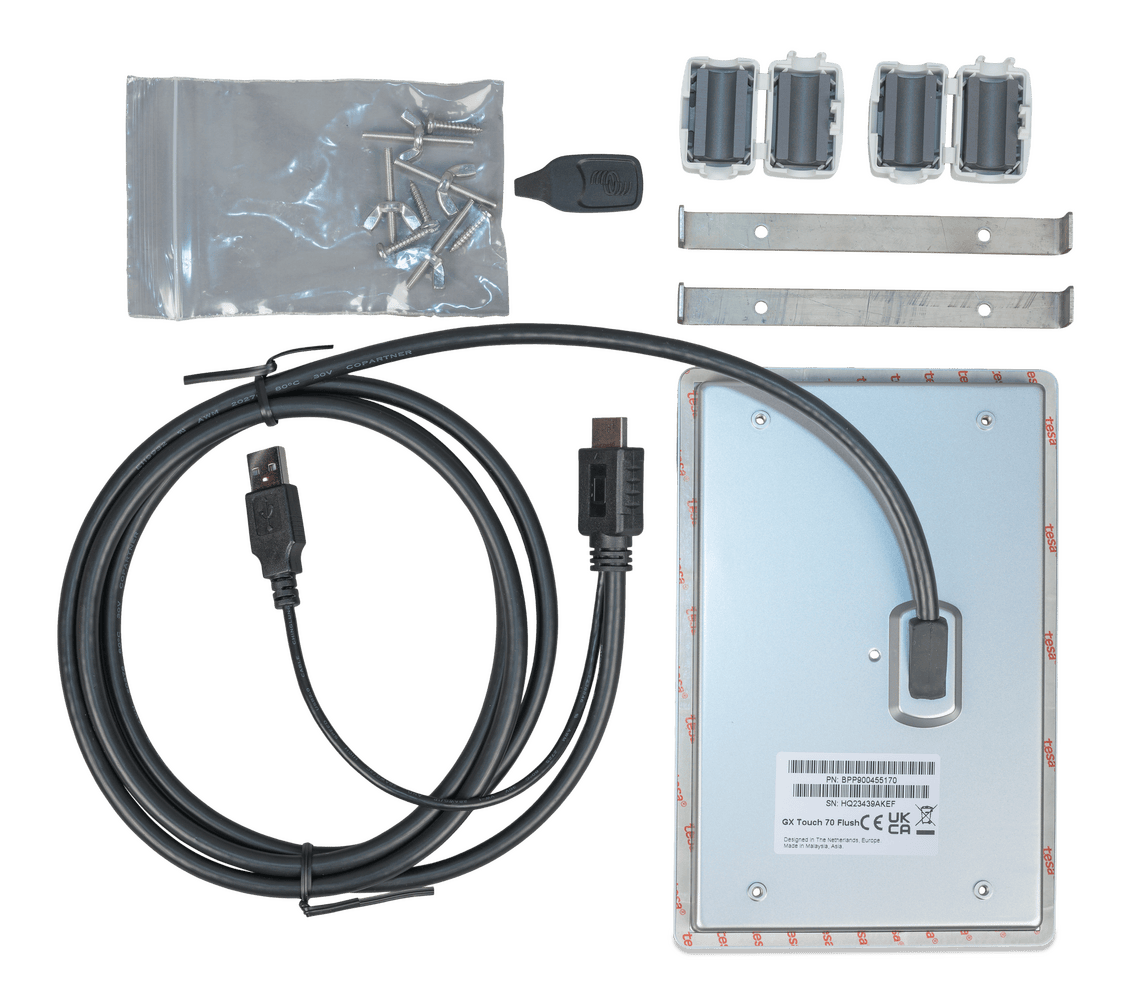 Rear view of 7-inch system display showing mounting brackets, hardware, ferrites and integrated cabling