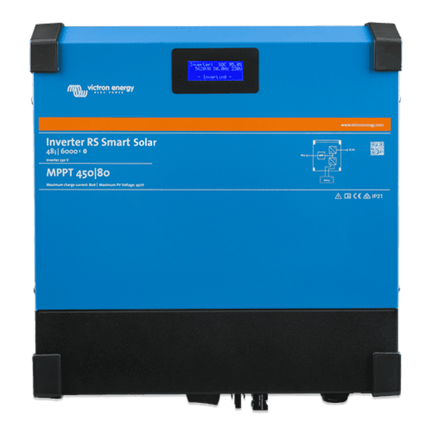 Front view of blue Victron Inverter RS 48/6000 showing LCD screen and integrated solar controller labels