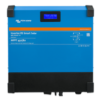 Front view of blue Victron Inverter RS 48/6000 showing LCD screen and integrated solar controller labels