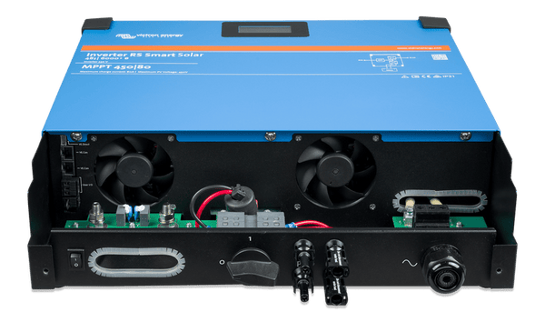 Internal bottom view of Inverter RS showing cooling fans and battery terminal connections