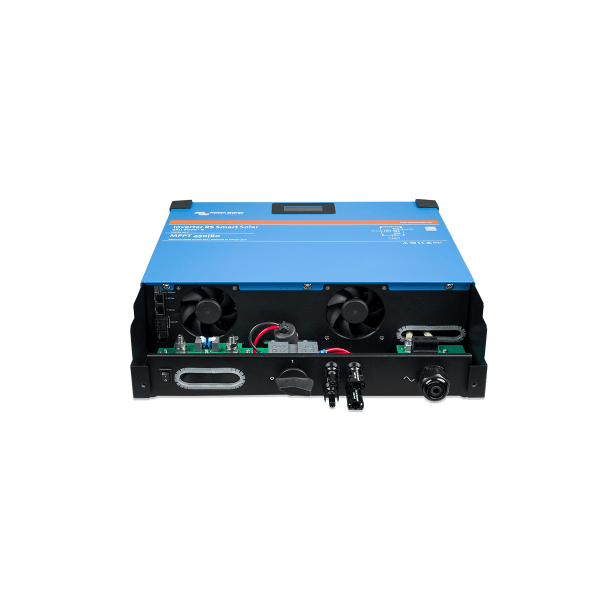 Bottom connection panel of the Victron RS Inverter showing cooling fans and wiring terminals