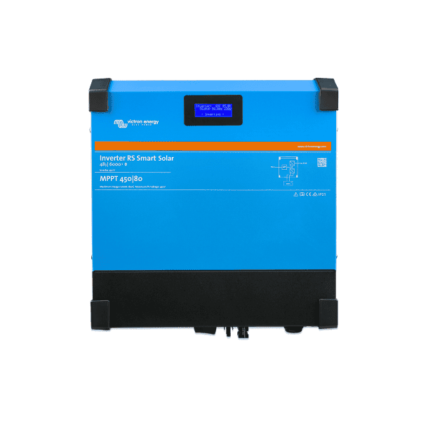 Front view of blue Victron Inverter RS Smart Solar 48 6000 with LCD screen and status indicators