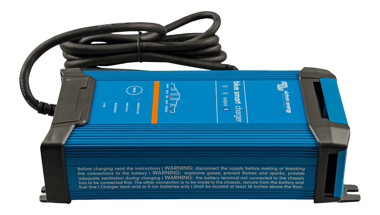 Side view of blue Victron battery charger with AS/NZS 3112 Australian power plug