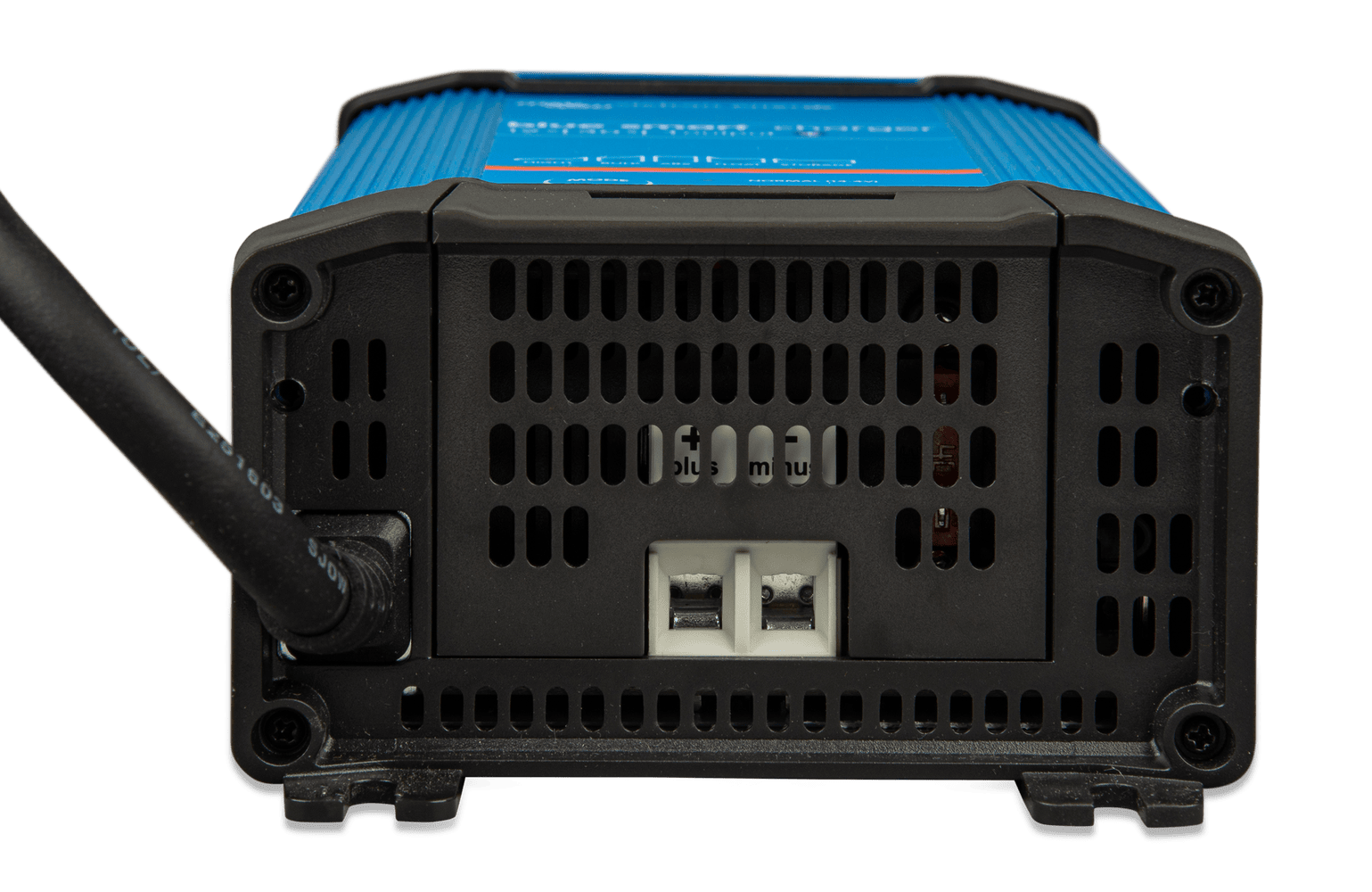 Bottom end of battery charger showing screw terminals and ventilation slots