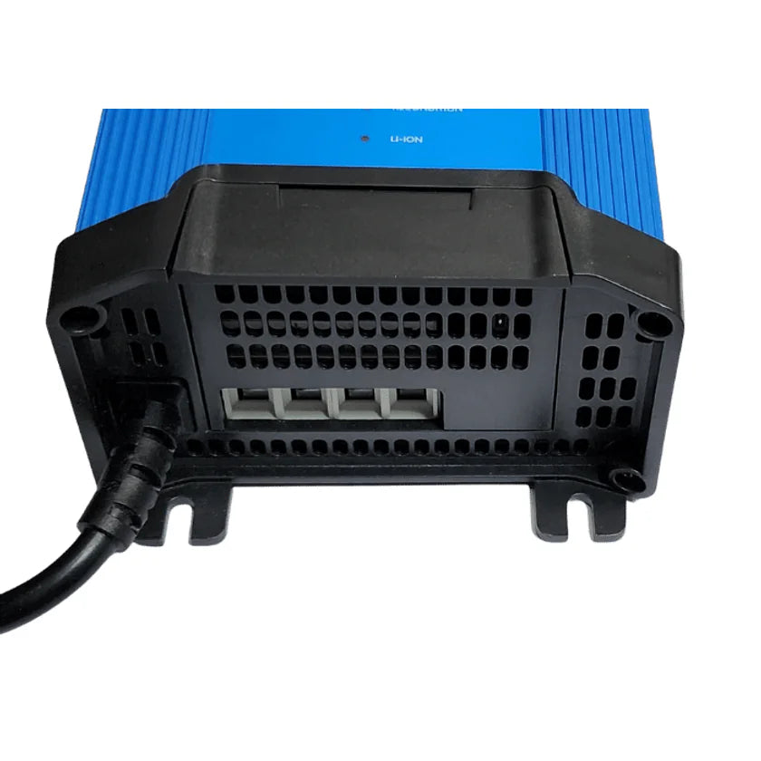 Bottom view of Victron IP22 charger with protective terminal cover in place