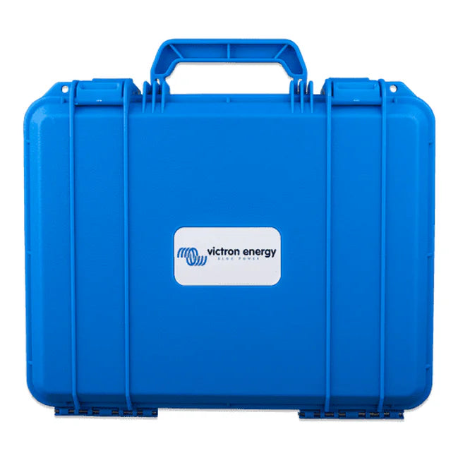 Blue Victron hard-shell carry case for IP65 battery chargers with handle and secure latches