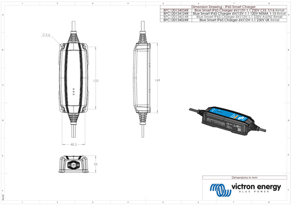 Technical dimensional drawing of IP65 smart charger unit with metric measurements