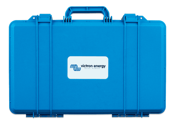 Front view of the blue Victron protective carry case for IP65 chargers