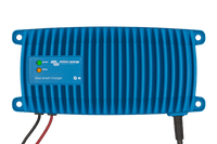 Top view of blue aluminium battery charger housing with status LEDs and cooling fins
