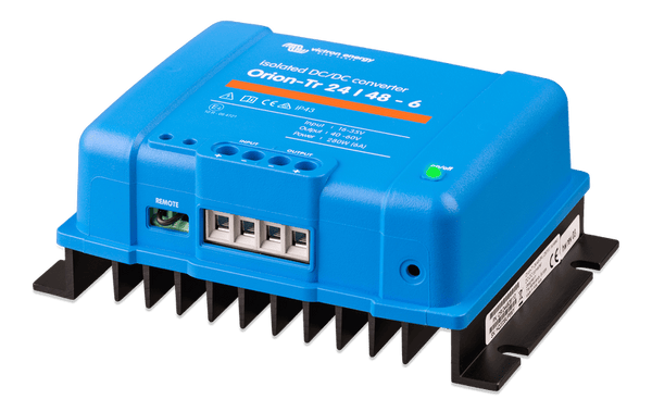 Side angled view of a 24V to 48V DC-DC converter showing the side mounting slot