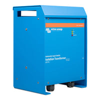 Side-angled view of the blue aluminium isolation transformer enclosure