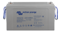 Front view of a grey Victron lead carbon deep cycle battery with blue rope handles and M8 terminals