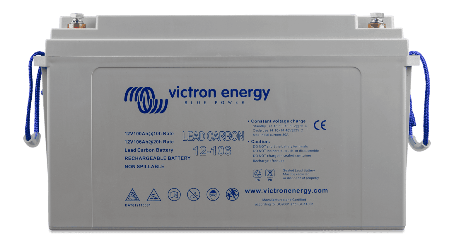 Front view of a grey Victron lead carbon deep cycle battery with blue rope handles and M8 terminals