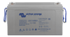 Front view of a grey Victron lead carbon deep cycle battery with blue rope handles and M8 terminals