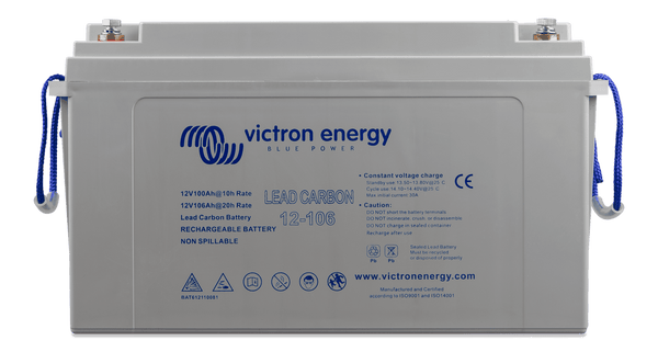 Front view of a grey Victron lead carbon deep cycle battery with blue rope handles and M8 terminals