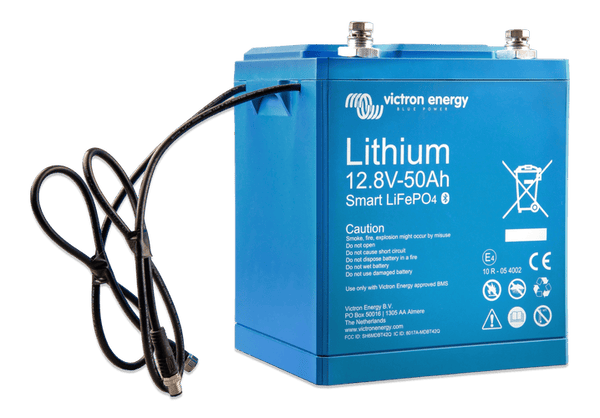 Side view of Victron 50Ah lithium battery highlighting the integrated mounting handle and enclosure