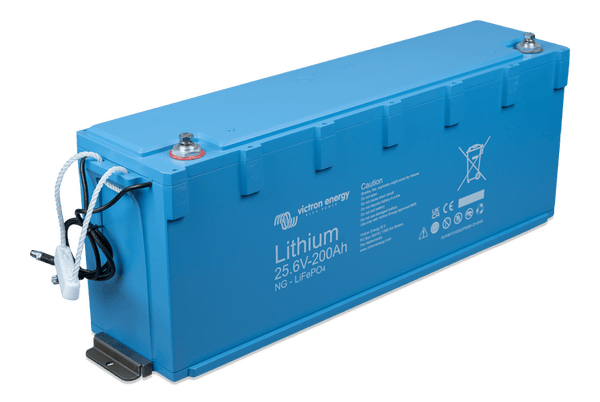 Elevated perspective of the 200Ah lithium battery showing top terminals and enclosure design