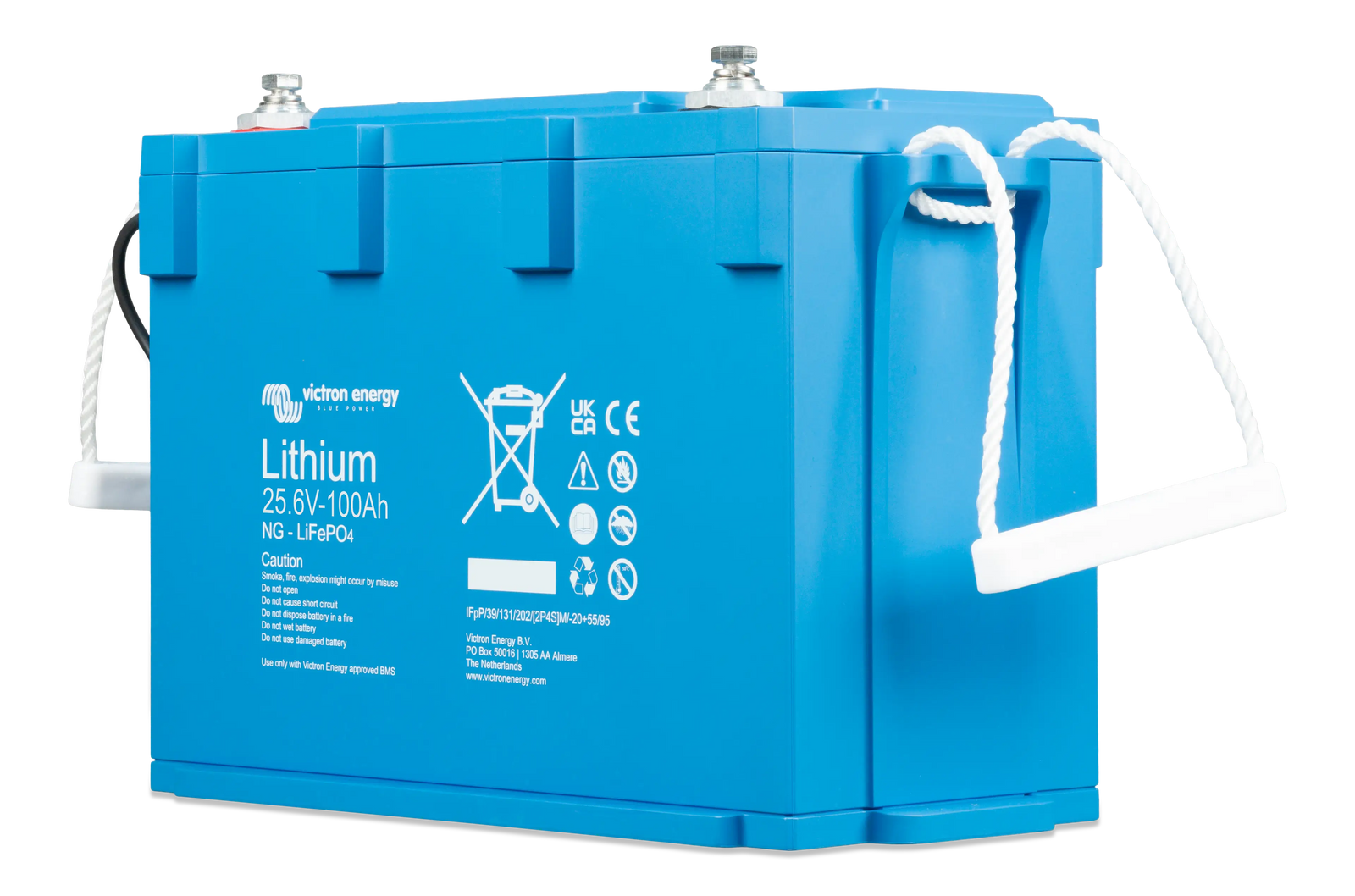 Angled view of the 24V 100Ah lithium battery highlighting the compact design and side handles