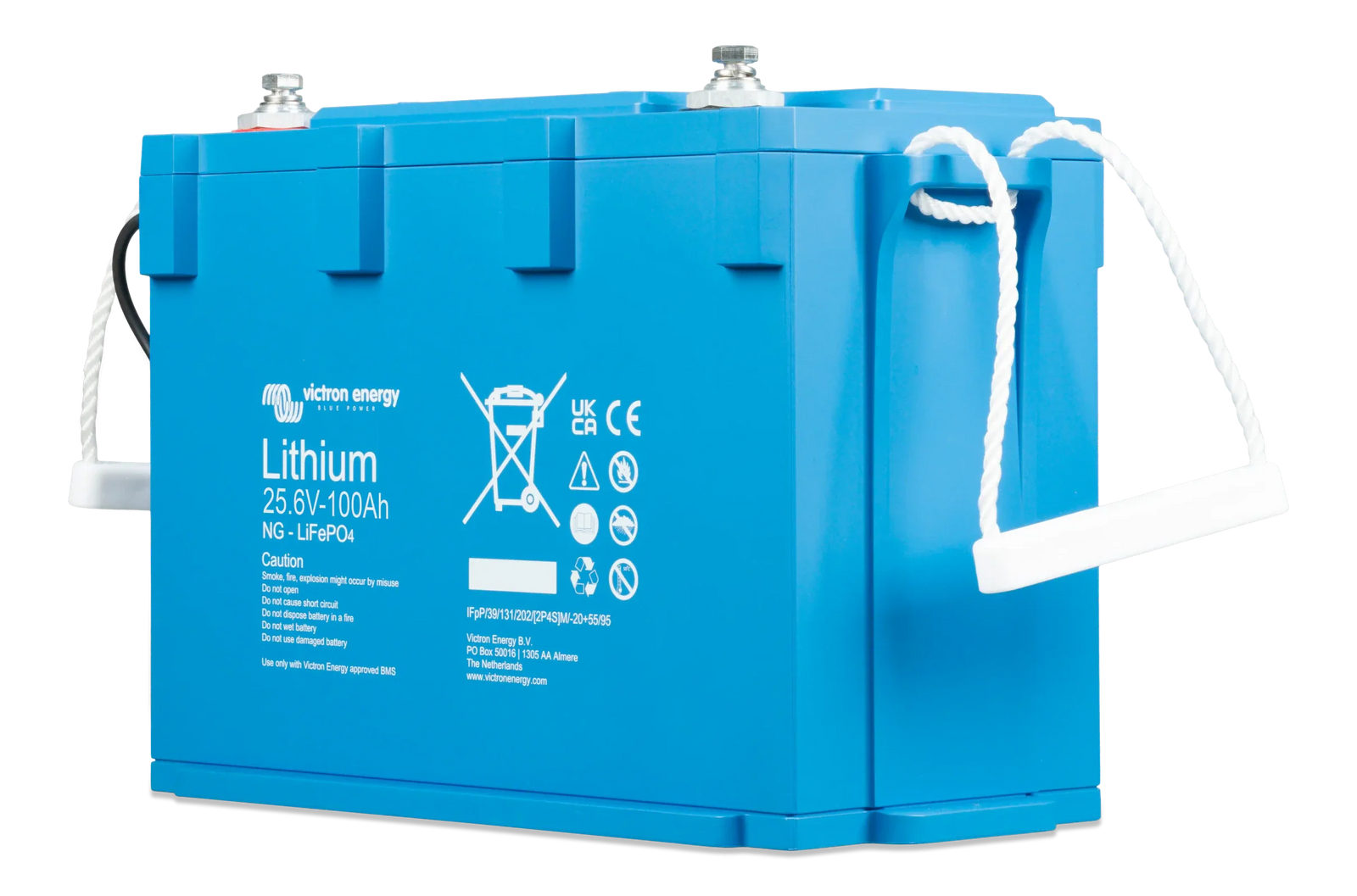 Angled view of the 24V 100Ah lithium battery highlighting the compact design and side handles