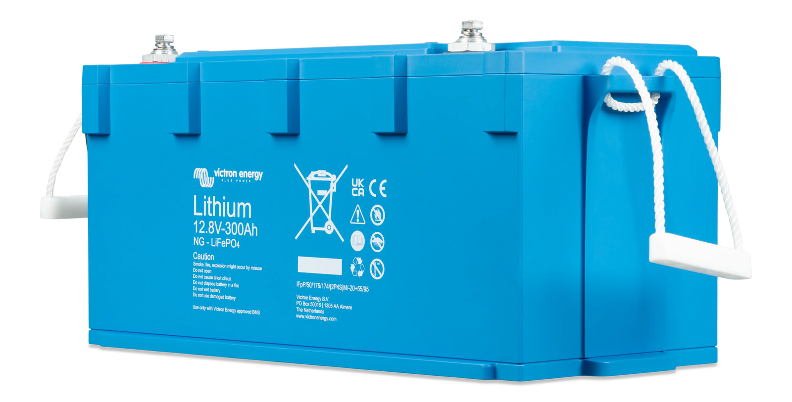 Angled side view of Victron Smart NG battery showing integrated carry handle and blue housing