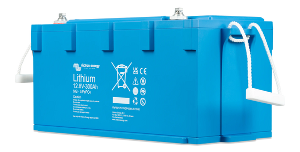 Angled side view of Victron Smart NG battery showing integrated carry handle and blue housing