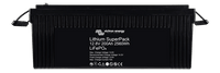 Front view of black 12V 200Ah Lithium SuperPack battery with side carry handles
